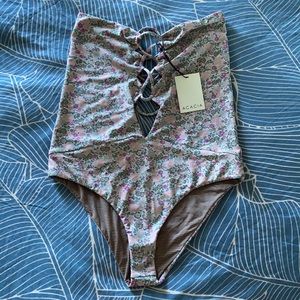 Acacia Swimwear Bronx Floral Lace-Up One Piece - Pink and Gray swimwear suit L
